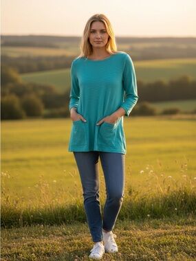 Caribbean Blue Pima Cotton Three Quarter Sleeve Pocket Top
size Small      NWOT